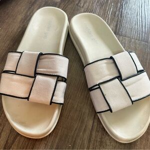 Women's Madden Girl Cream with Navy Trim Slide Sandals